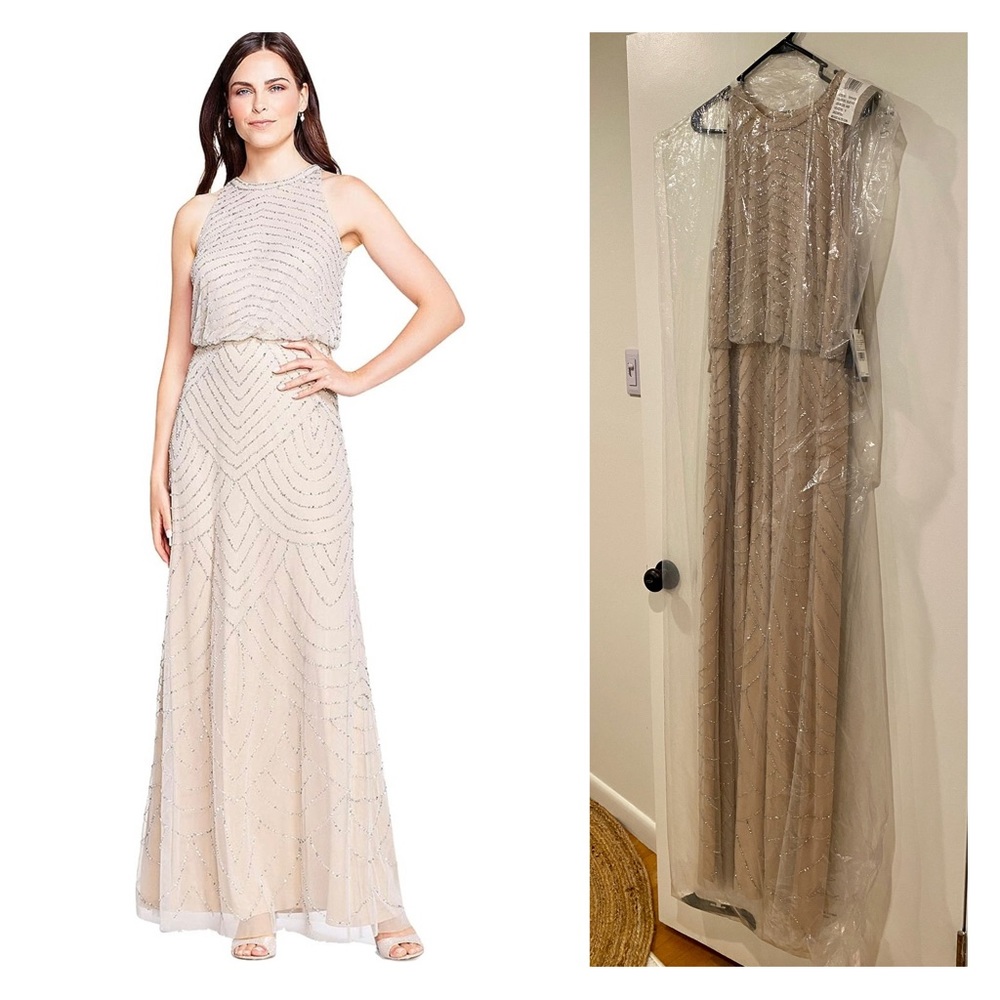 Adrianna Papell Women's Art Deco Beaded Blouson Dress with Halter Neckline